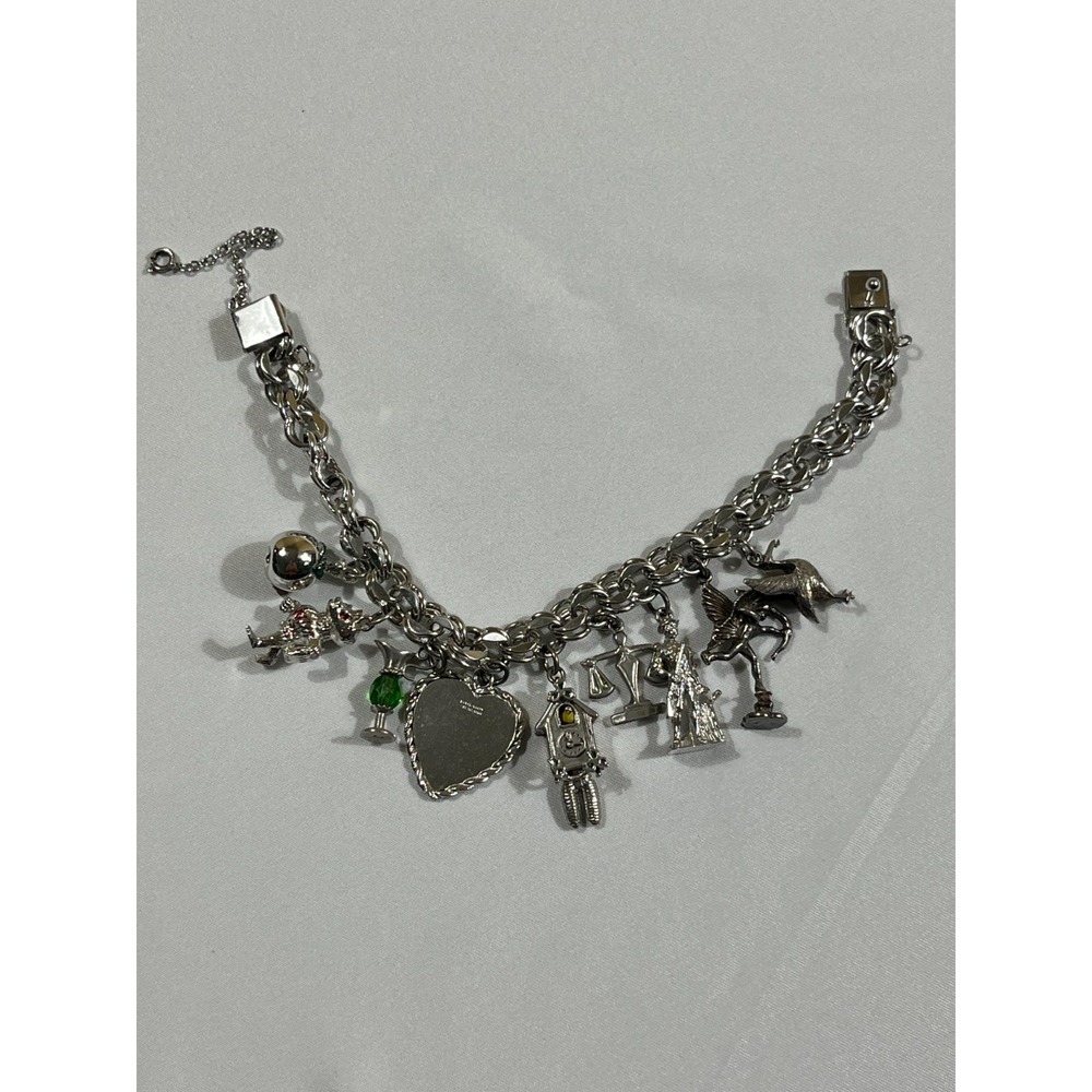 Vintage Sterling Silver Charm Bracelet Loaded 925 Cuckoo Clock Cupid Bucky Apple